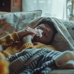 Chory mężczyzna leży pod kocem, wycierając nos chusteczką. Szuka sposobu, jak szybko wyzdrowieć, otoczony domowym ciepłem.