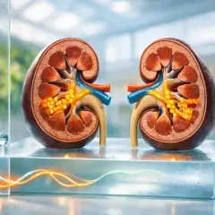 Przekrój nerek z widocznymi strukturami wewnętrznymi. Grafika może symbolizować problemy z gospodarką elektrolitową, np. nadmiar potasu objawy.
