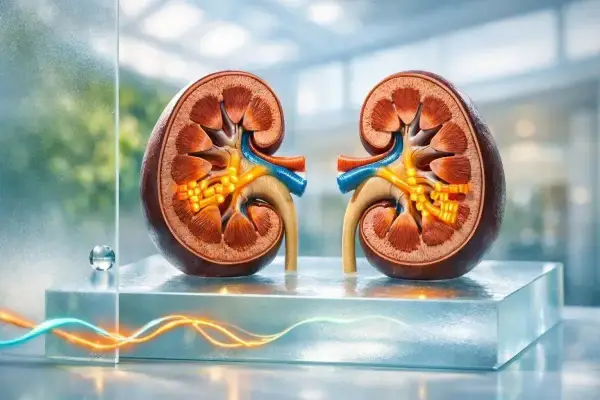 Przekrój nerek z widocznymi strukturami wewnętrznymi. Grafika może symbolizować problemy z gospodarką elektrolitową, np. nadmiar potasu objawy.